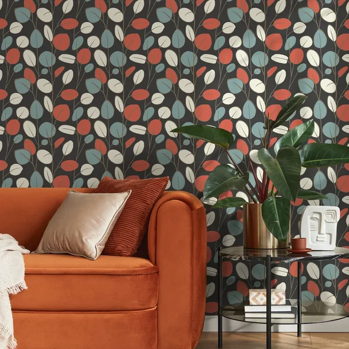 Botanical Wallpaper With Modern Leaves In Terracotta, Blue, And Beige – D940