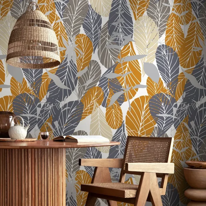 Botanical Wallpaper With Overlapping Leaves In Ochre, Gray, And Taupe – A889