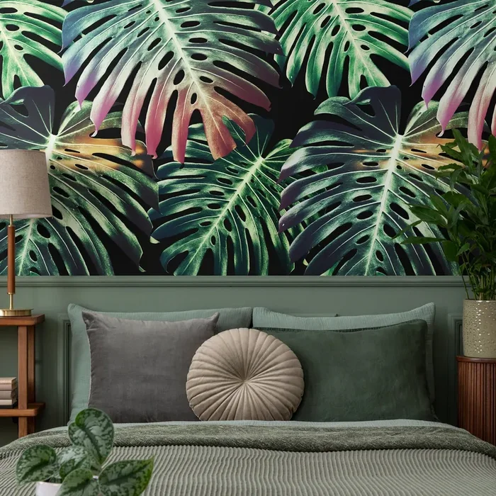 Botanical Wallpaper With Oversized Monstera Leaves In Green And Pink – B116