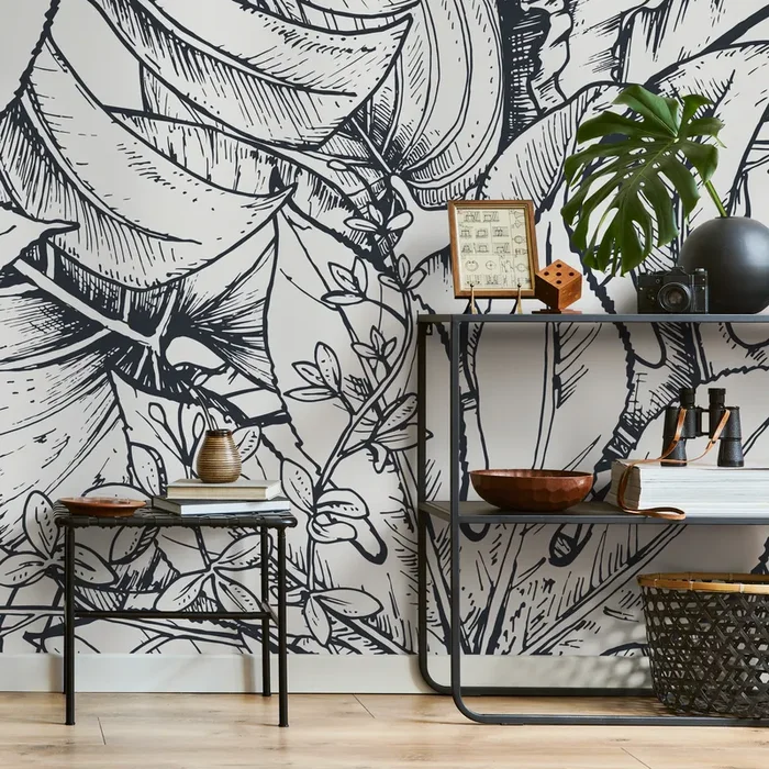 Botanical Wallpaper With Sketched Jungle Leaves In Black And White – B393