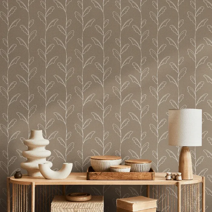 Botanical Wallpaper With Sketched Leaf Vines In Beige And White – C643
