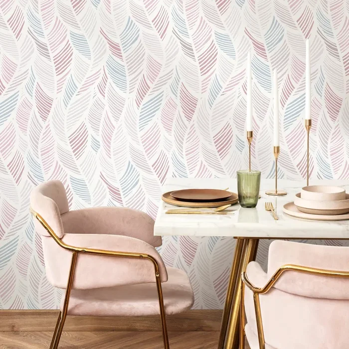 Botanical Wallpaper With Stylized Feather Motifs In Pink And Blue – A062