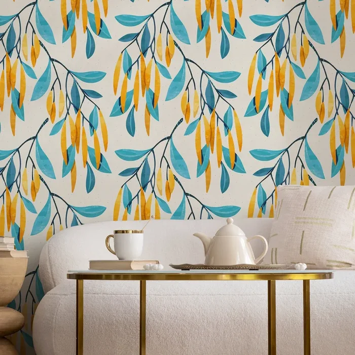 Botanical Wallpaper With Stylized Hanging Leaves In Teal, Yellow, And Blue – A098