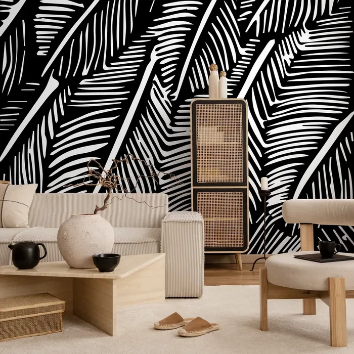 Botanical Wallpaper With Stylized Palm Leaves In Black And White – B966