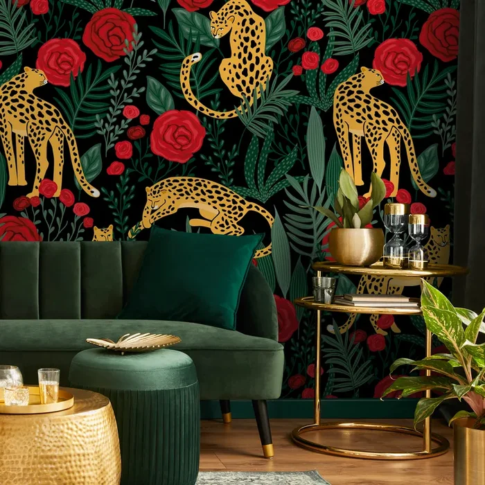 Botanical Wallpaper With Tigers And Red Roses In Green And Yellow – D154