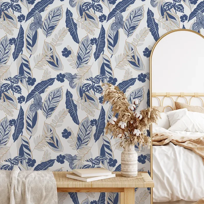 Botanical Wallpaper With Tropical Foliage And Flowers In Blue, Beige, And Gray – B424