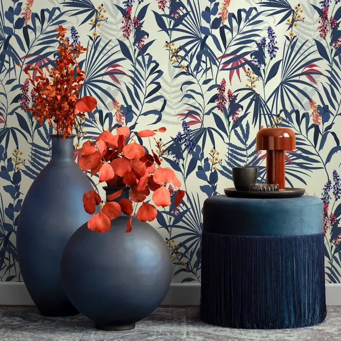 Botanical Wallpaper With Tropical Leaves And Flowers In Blue, Red, And Yellow – B414
