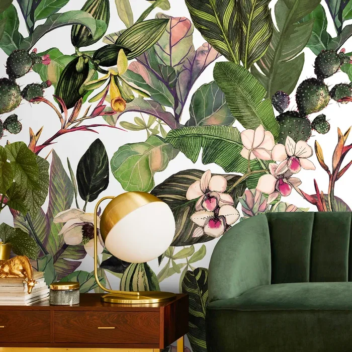 Botanical Wallpaper With Tropical Leaves And Orchids In Green And Pink – A471