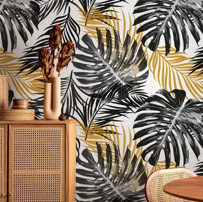 Botanical Wallpaper With Tropical Monstera Leaves In Black, Gray, And Gold – B119