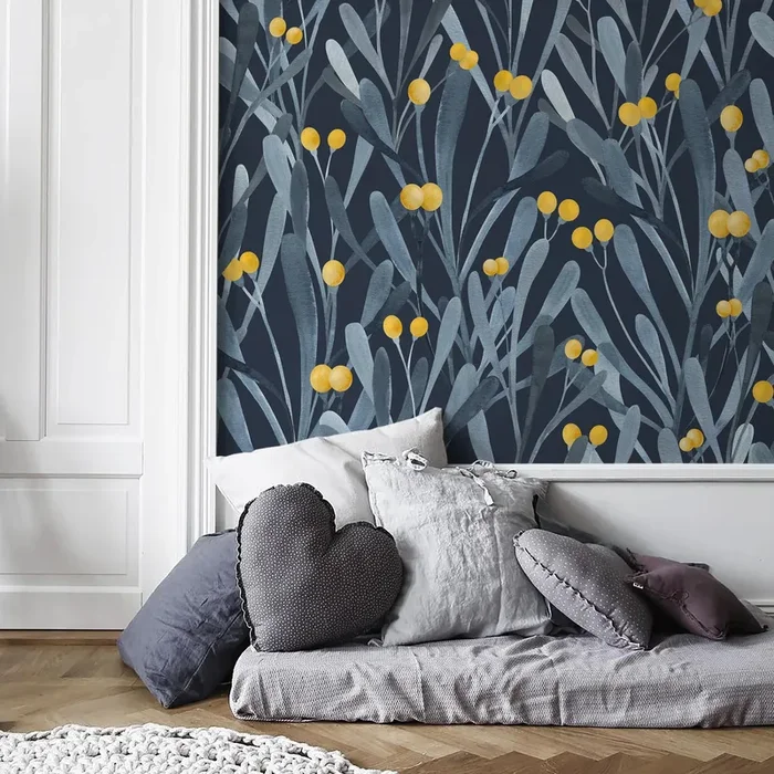 Botanical Wallpaper With Watercolor Leaves And Berries In Blue, Gray, And Yellow – X060