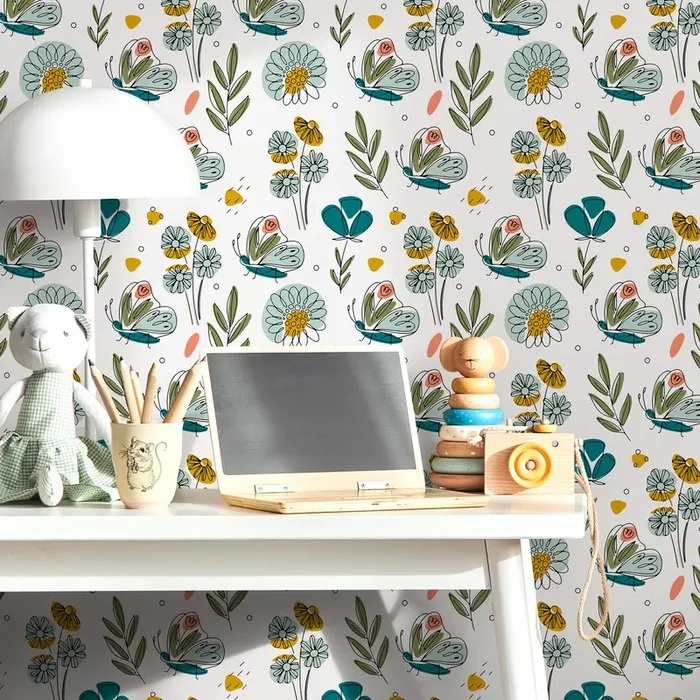 Botanical Wallpaper With Whimsical Butterflies And Flowers In Teal, Yellow, And Green – B984