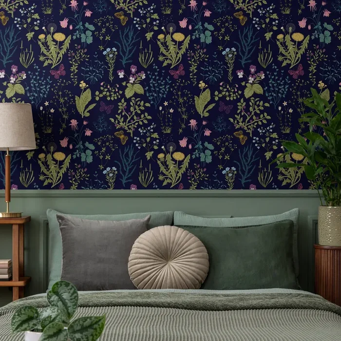 Botanical Wallpaper With Wildflowers And Butterflies In Navy Blue, Yellow, And Pink – B506