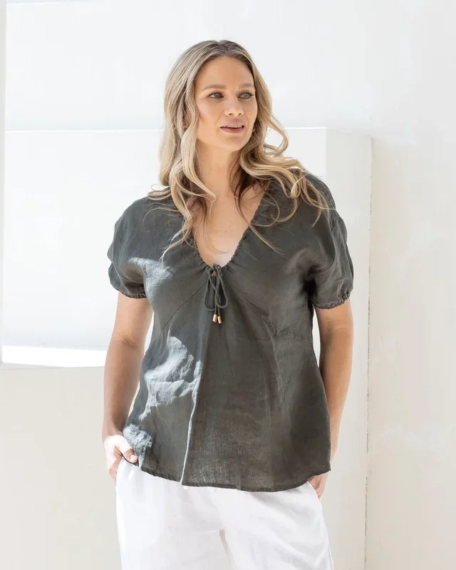 Brigitte Maternity Linen Blouse Top – Khaki Green