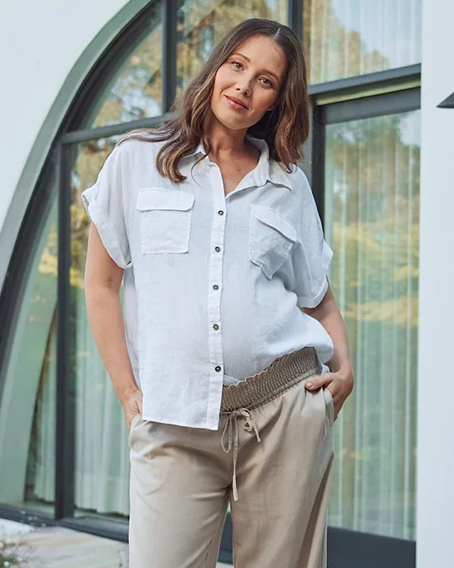 Brooke Maternity Short Sleeve Cargo Linen Shirt – White