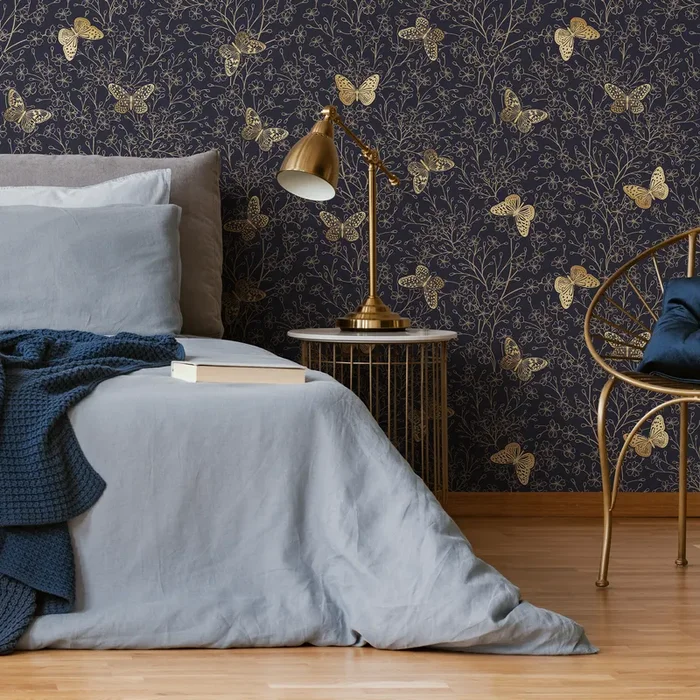 Butterfly Wallpaper With Delicate Floral Vines In Gold And Navy Blue – C702