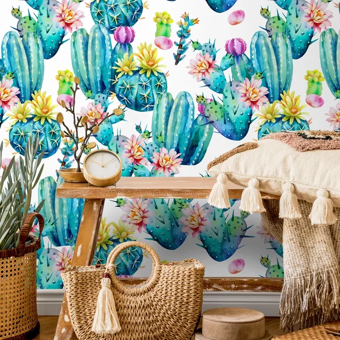 Cactus Wallpaper With A Watercolor Motif In Teal, Pink, And Yellow – B023