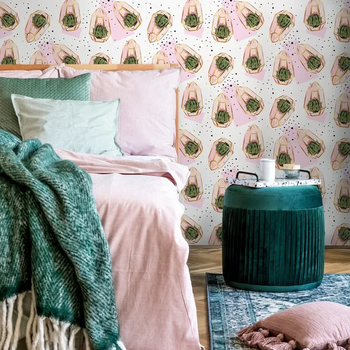 Cactus Wallpaper With Geometric Terrariums In Green, Pink, And Gold – A267