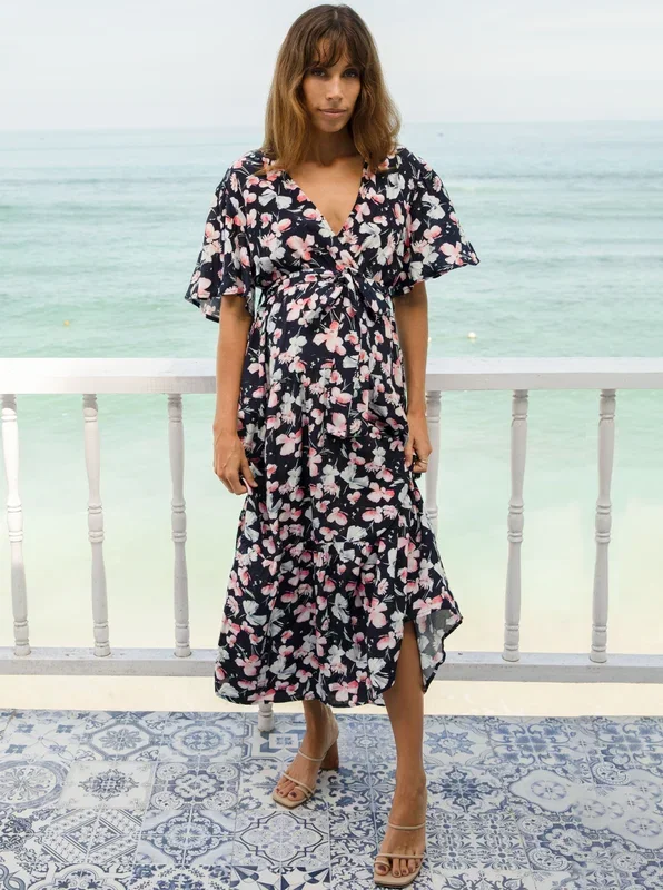 Cara Navy Floral Print Baby Shower Maternity Dress