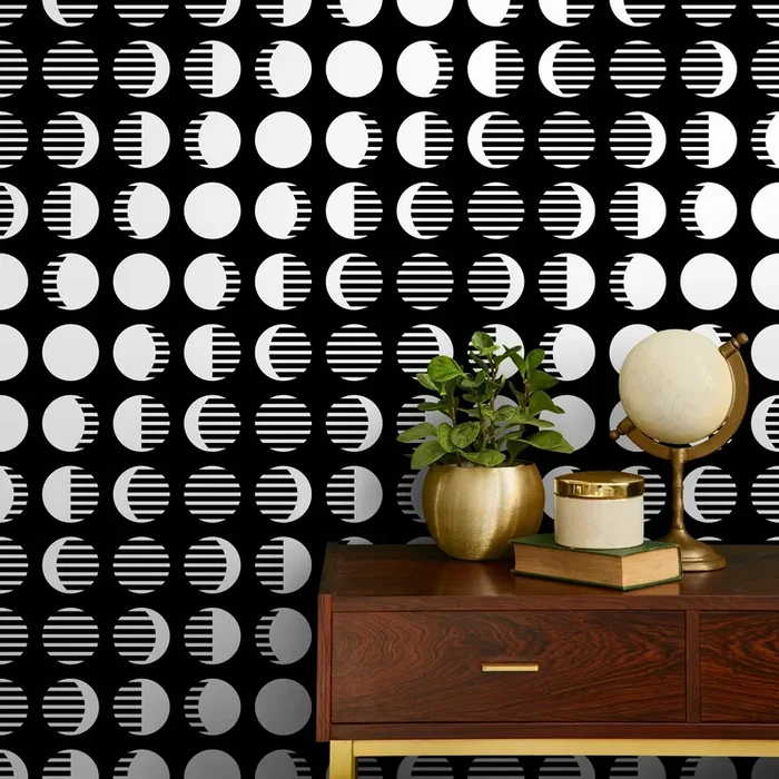 Celestial Wallpaper With A Modern Moon Phase Motif In Black And White – D941
