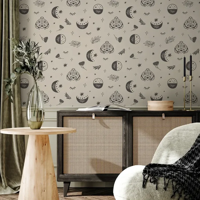 Celestial Wallpaper With Moons, Moths, And Stars In Charcoal And Beige – Zacr