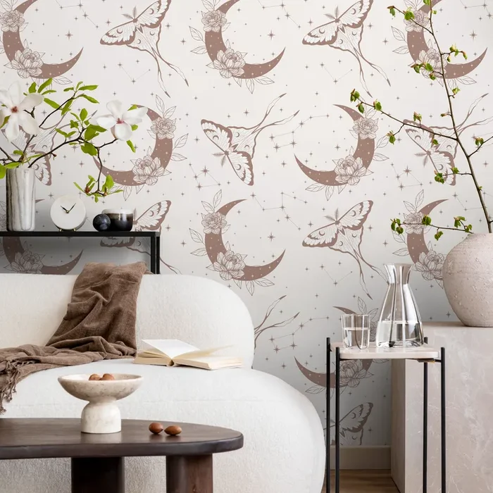 Celestial Wallpaper With Moths And Floral Moons In Taupe – Zact