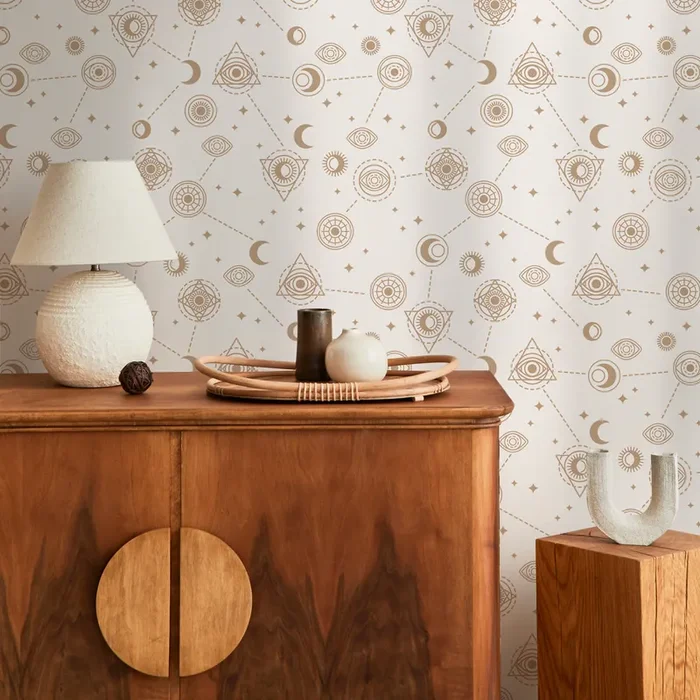 Celestial Wallpaper With Mystical Eye And Moon Motifs In Gold And Beige – Zaao