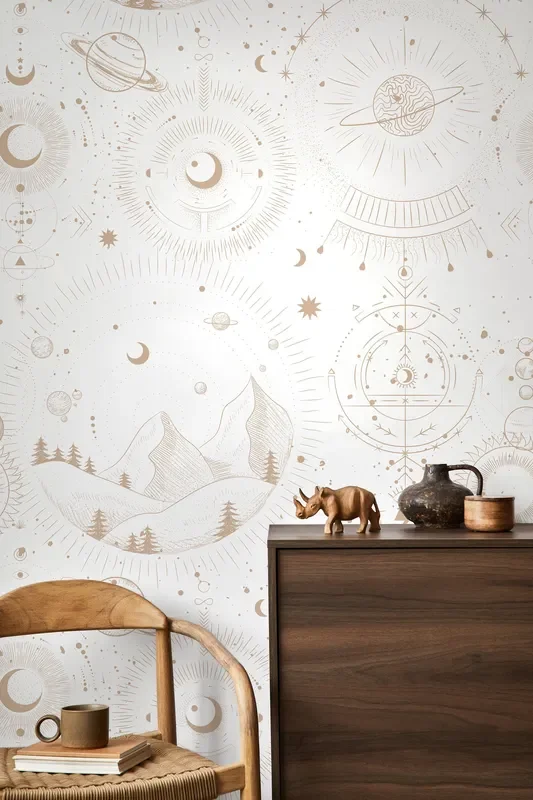 Celestial Wallpaper With Mystical Mountains And Planets In Beige – D339