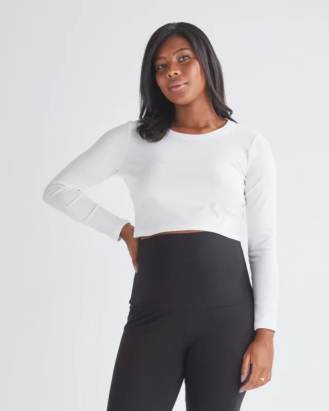 Celia Maternity Long Sleeve Cotton Crop Tee – White