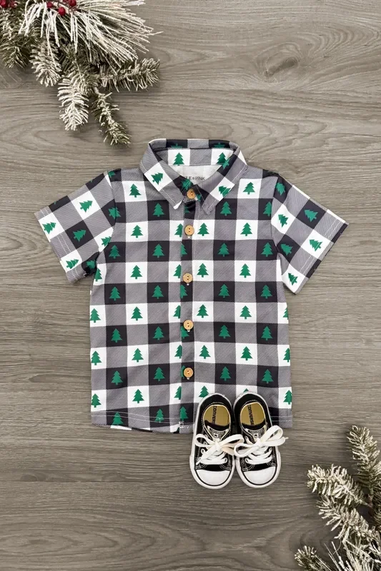 Checkered Christmas Tree Button Down Top