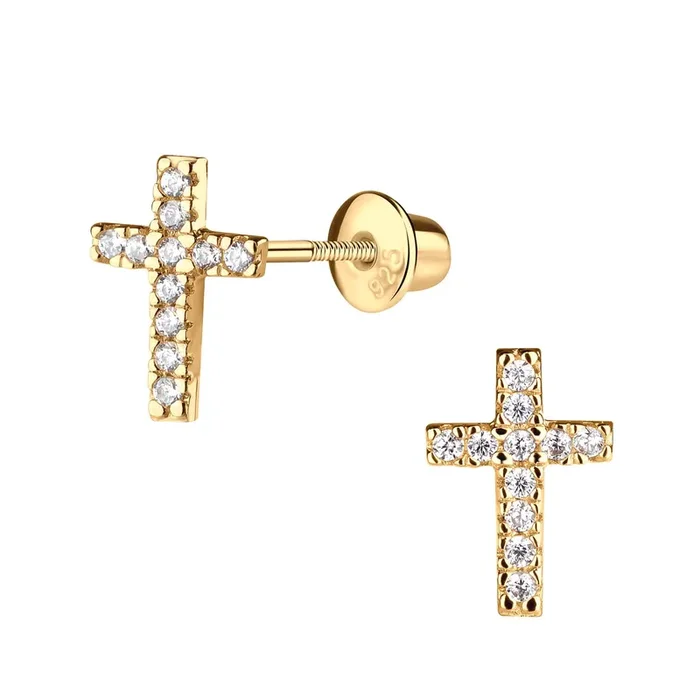 Cherished Moments 14K Gold-Plated Cross CZ Earrings Baptism or Communion Gift