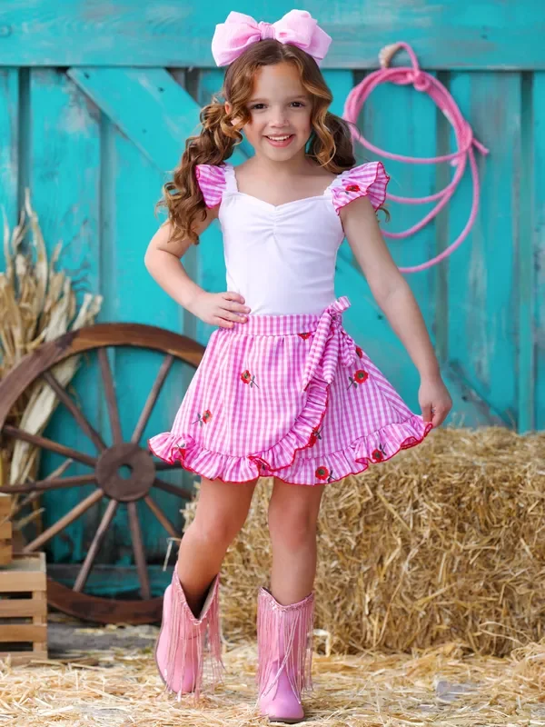 Cherry Blossom Gingham Top and Ruffle Skort Set