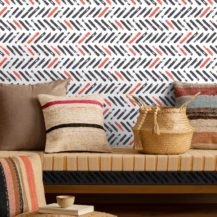 Chevron Wallpaper With A Brushstroke Motif In Gray And Red – A637