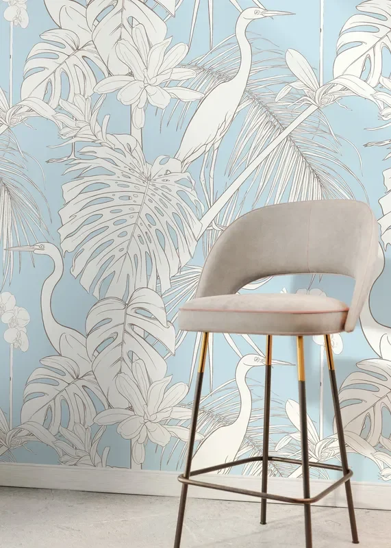 Chinoiserie Wallpaper With Cranes And Tropical Botanicals In Light Blue – D107