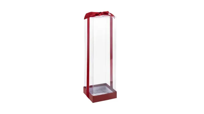 Clear Wine Bottle Gift Boxes 6 Pack With Base Lid & Ribbon Maroon 3.5×3.5 X12.75
