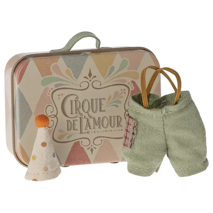 Clown clothes in suitcase, little brother mouse