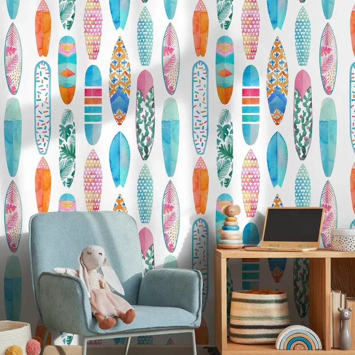 Coastal Wallpaper Featuring A Watercolor Surfboard Pattern In Blue, Pink, And Orange – A431