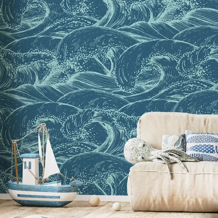 Coastal Wallpaper With Japanese Style Ocean Waves In Teal And Mint – B386