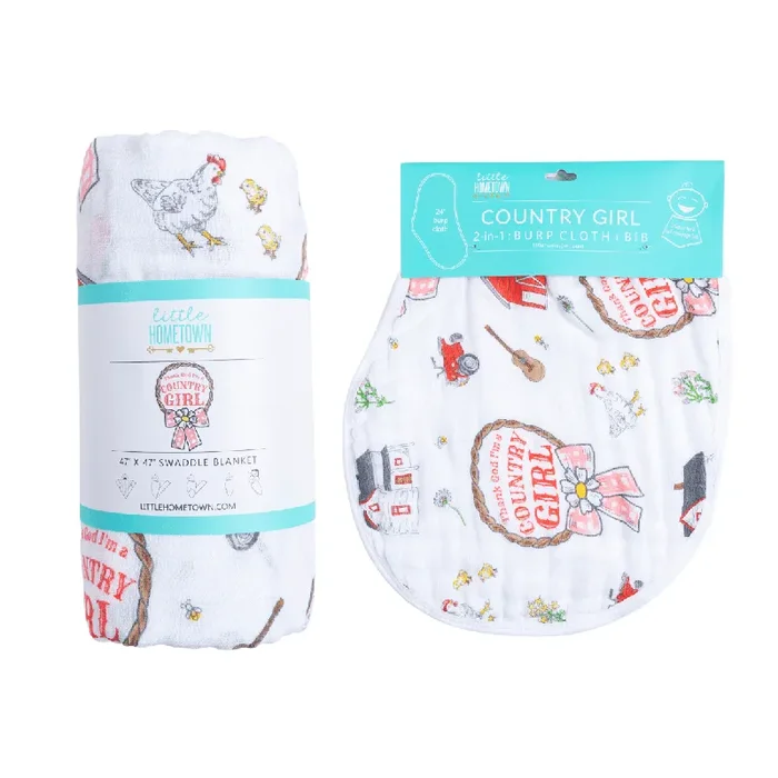 Country Girl Baby Giftset: Baby Swaddle Blanket And Burp/bib Combo