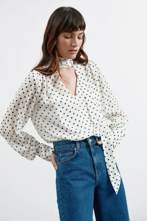 Cream Spot Long Sleeve Tie Top – Cream