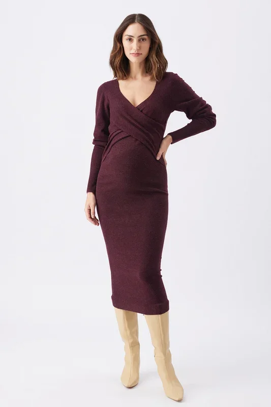 Cross Over maternity and nursing knit dress burgundy