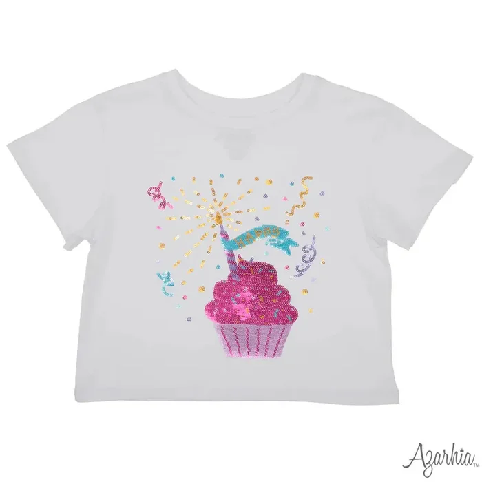 Cupcake Birthday Sequin on White Boxy tee