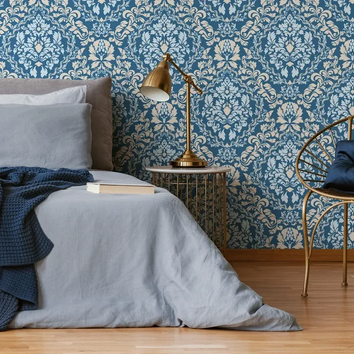 Damask Wallpaper With A Classic Ornate Motif In Blue, Beige, And Light Blue – C269