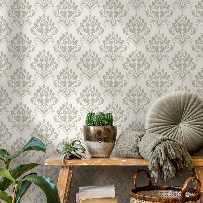 Damask Wallpaper With A Classic Ornate Motif In Neutral Gray And Cream – D229