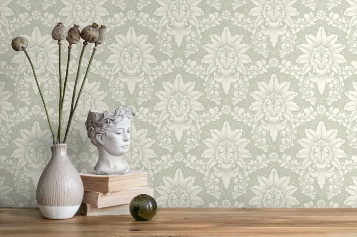 Damask Wallpaper With A Classic Ornate Motif In Sage Green And Cream – D064