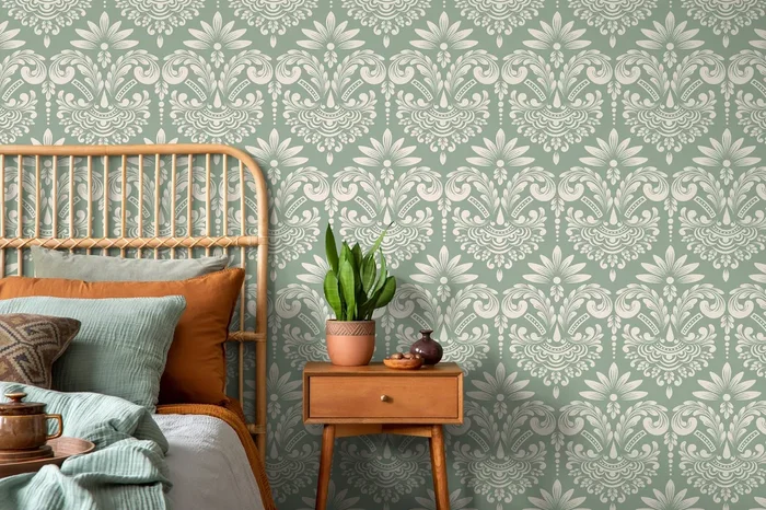 Damask Wallpaper With A Classic Vintage Scroll In Mint Green And Off-white – D251