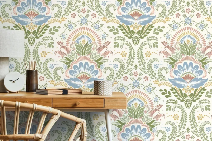 Damask Wallpaper With A Folk Floral Motif In Blue, Green, And Pink – D184