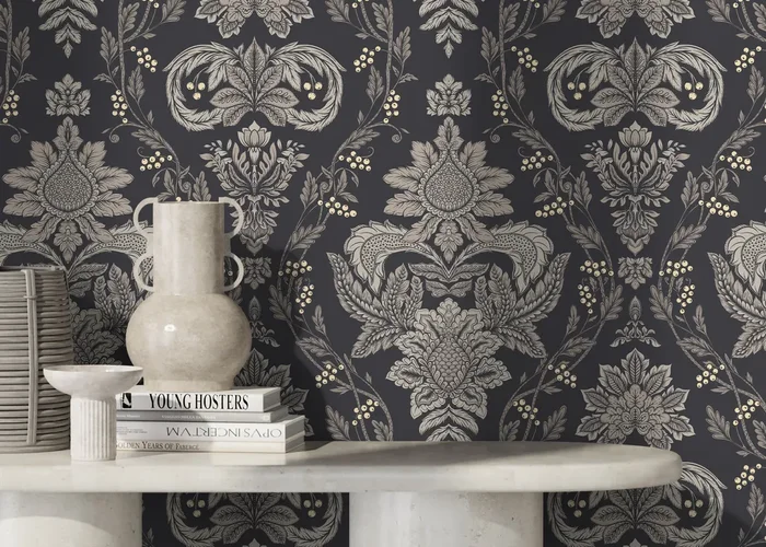 Damask Wallpaper With A Victorian Floral Motif In Charcoal, Gray, And Gold – D225