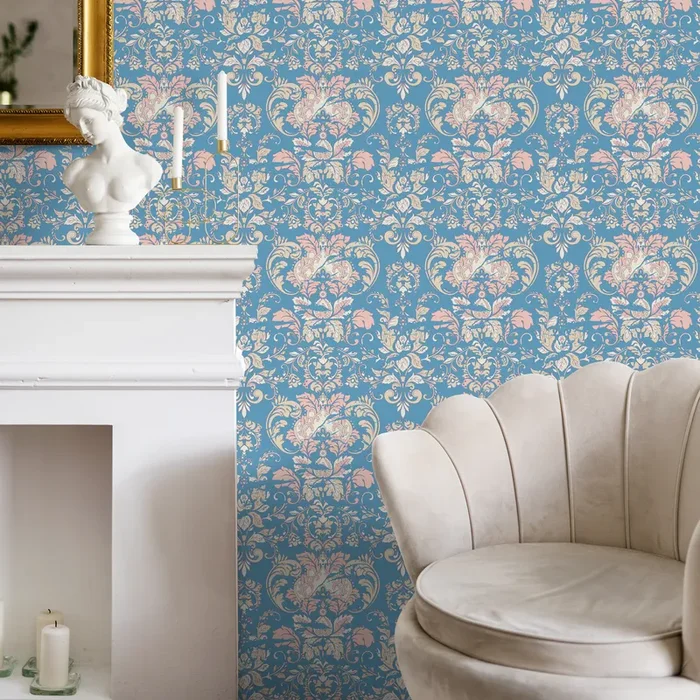 Damask Wallpaper With An Elegant Floral Motif In Blue, Pink, And Beige – C284
