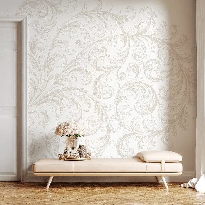 Damask Wallpaper With Elegant Acanthus Scrolls In Beige And Cream – C209