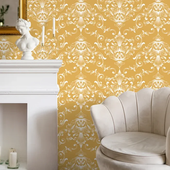 Damask Wallpaper With Ornate Acanthus Scrolls In Mustard Yellow And White – B620